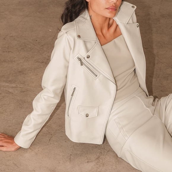 Lulus Jackets & Blazers - NWT Out for the Night Beige Vegan Leather Moto Jacket